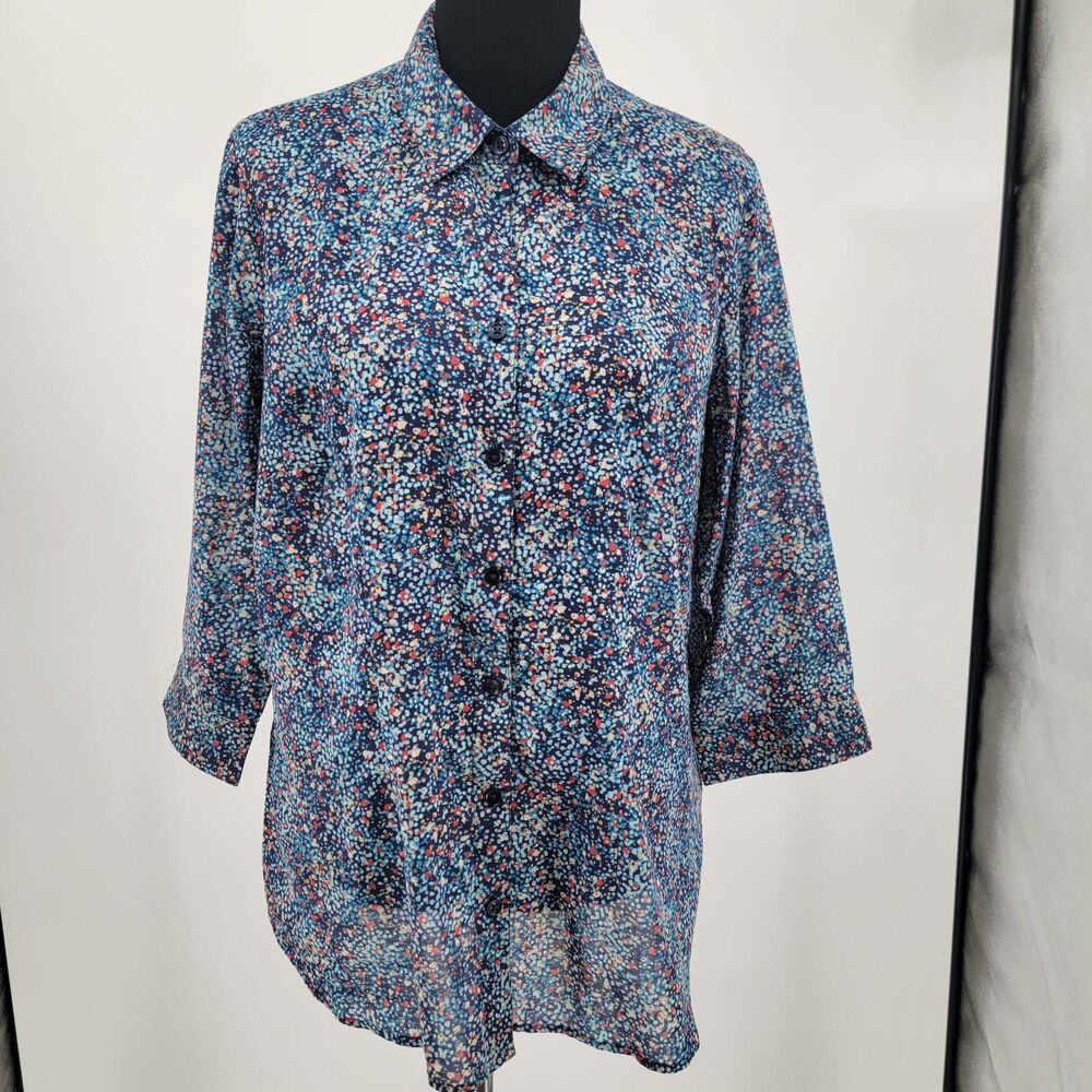 Coldwater Creek Womens XL/16 No Iron Blue 100% Cotton 3/4 Sleeve Button Shirt
